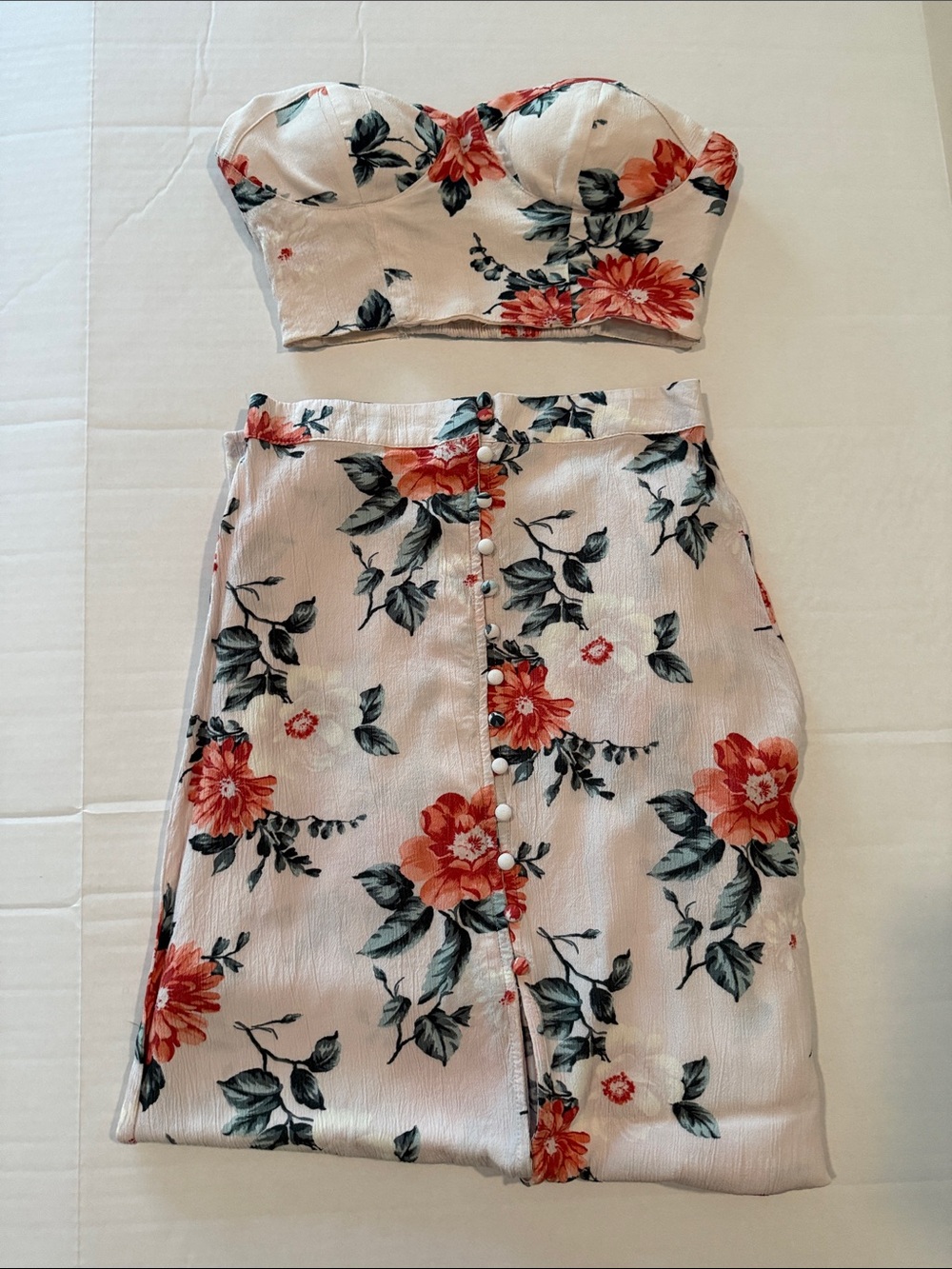 American Eagle Outfitters Cream Maxi Skirt and Crop Top with Coral Floral Print